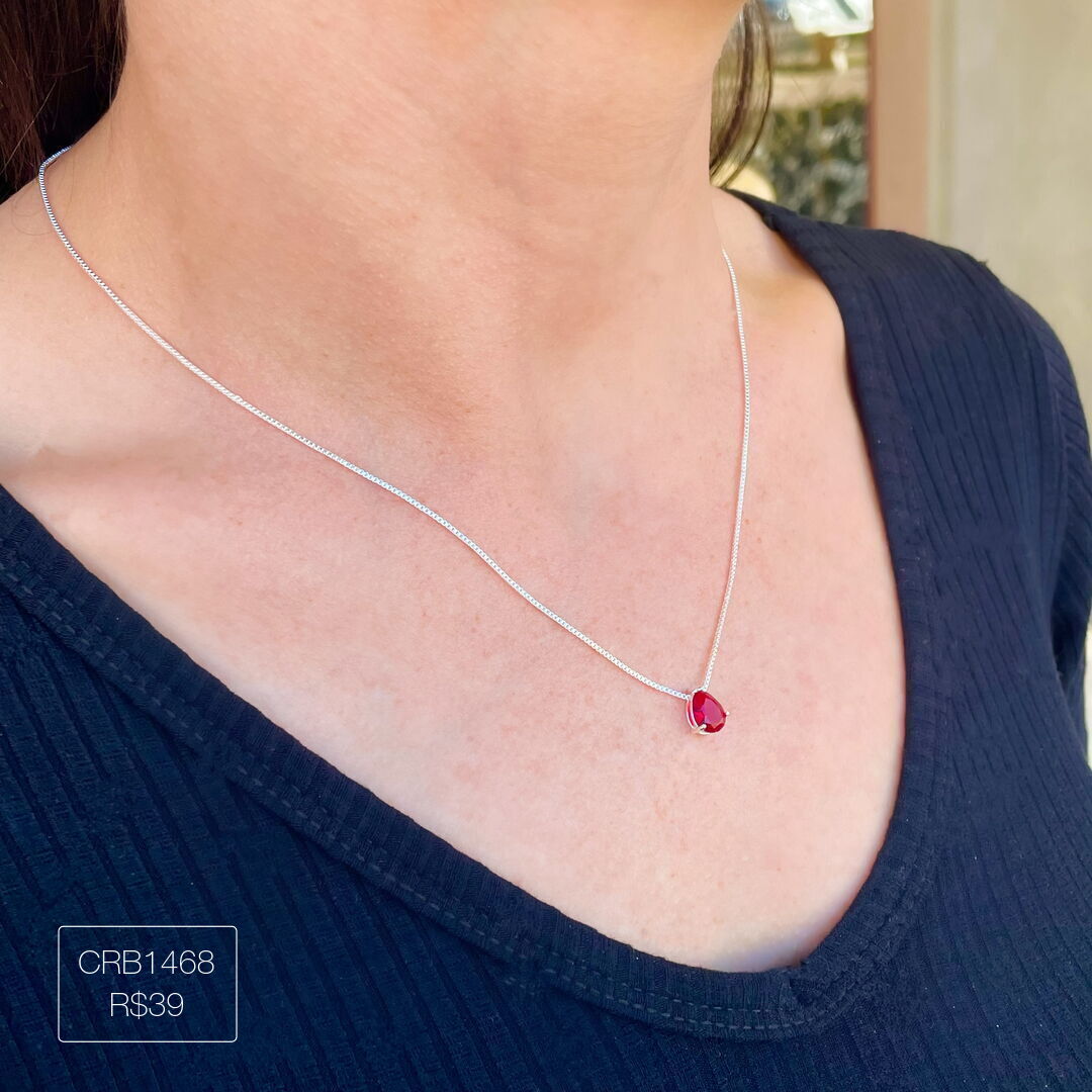 Colar de Gota Vermelha Delicada Prateada